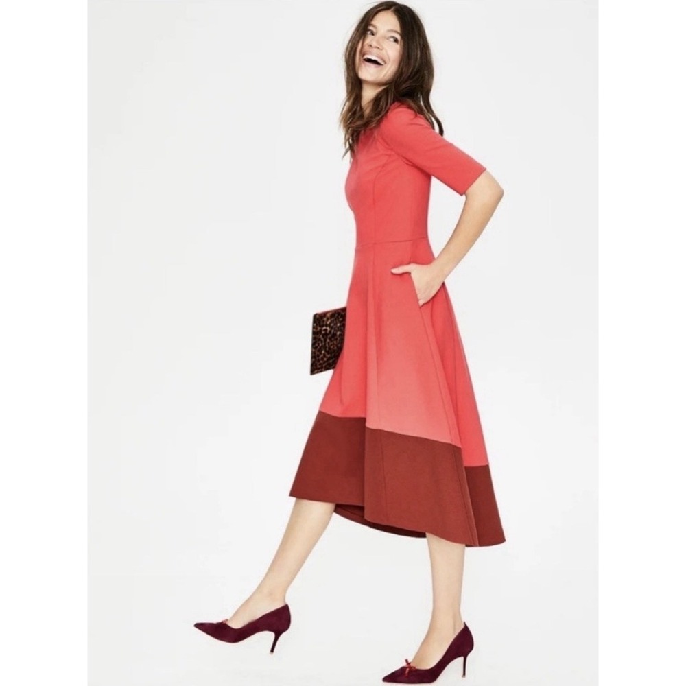Boden Red Midi Dress Fit Flare Colorblock A-line Elegant Chic Pockets Size 6R